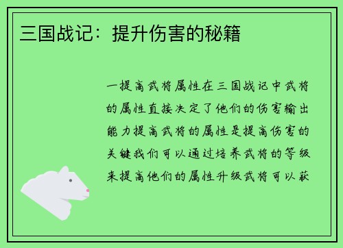 三国战记：提升伤害的秘籍