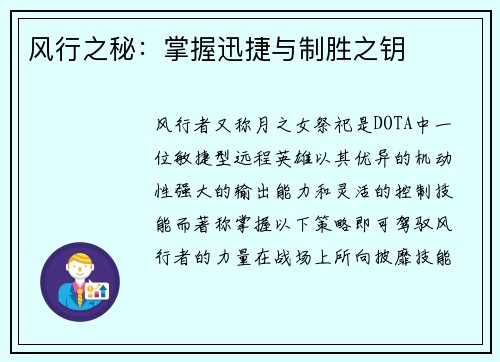 风行之秘：掌握迅捷与制胜之钥